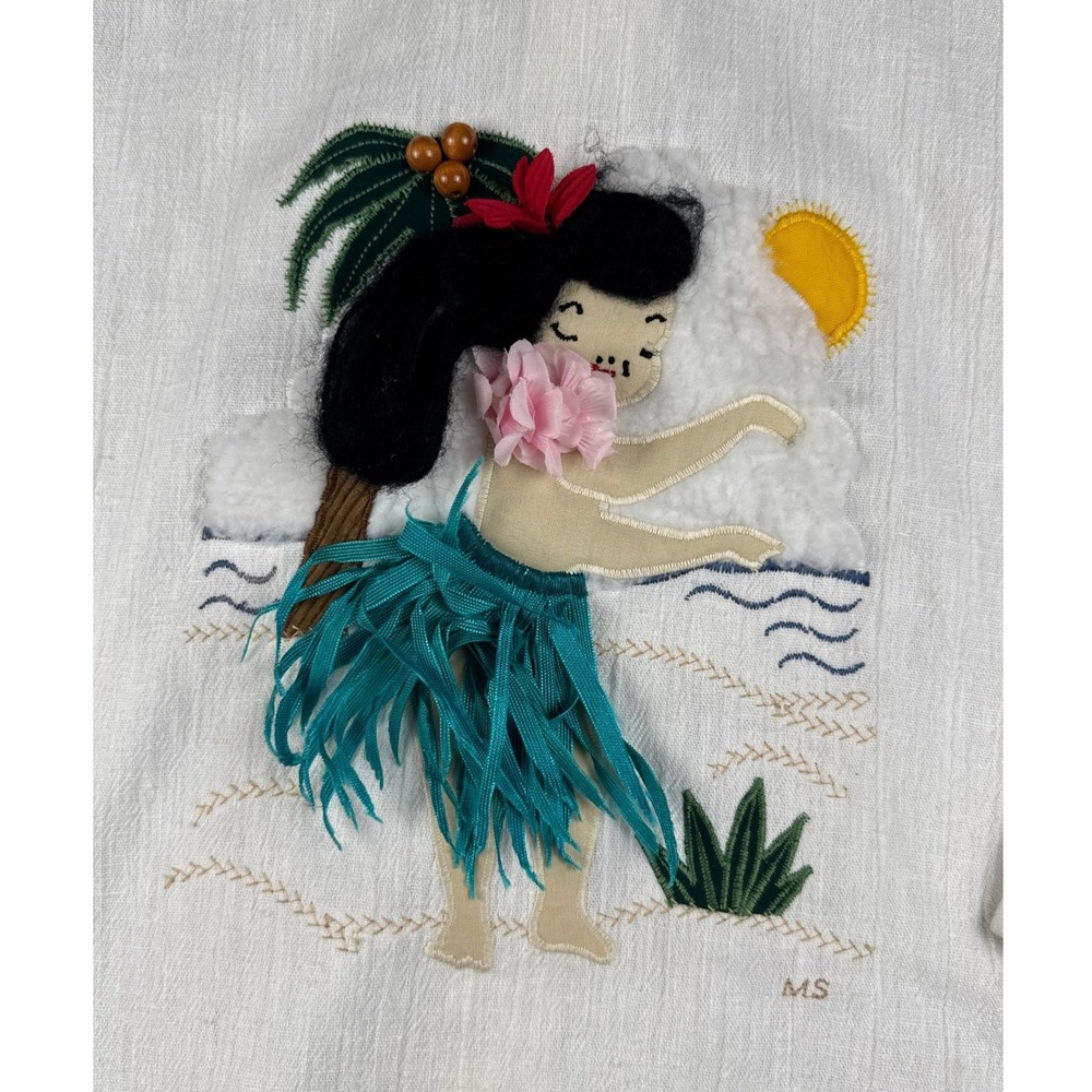 Vintage Hula Girl Applique Zip Up Jacket White Cotton Blend Drawstring Hem Sz 10 - Picture 6 of 11
